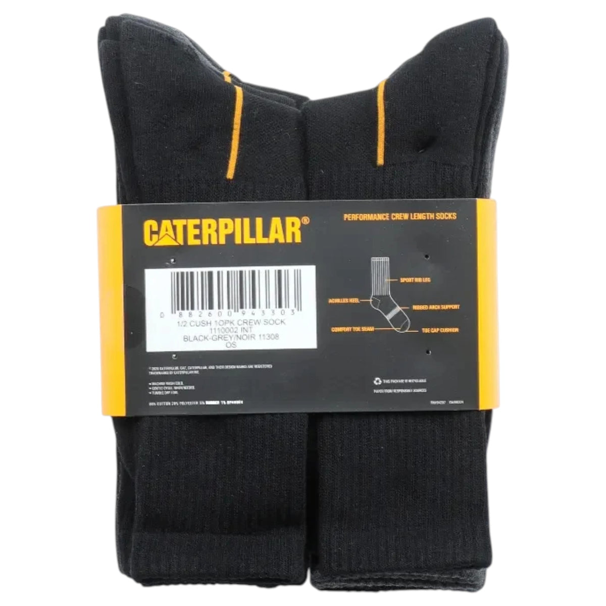 10 Pack Mens Caterpillar 1/2 Cushion Cotton Work Crew Socks Black