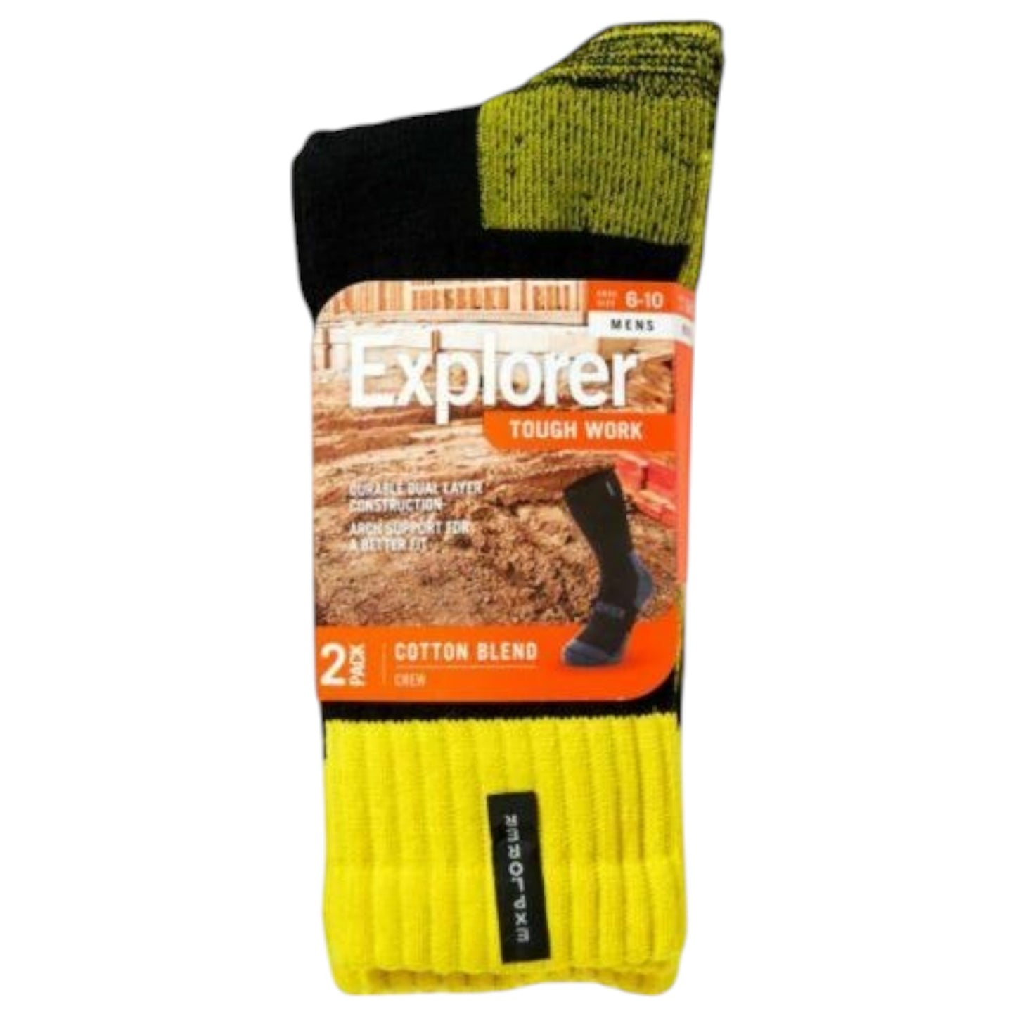 2 Pack Mens Explorer Original Tough Work Crew Socks Yellow/Black