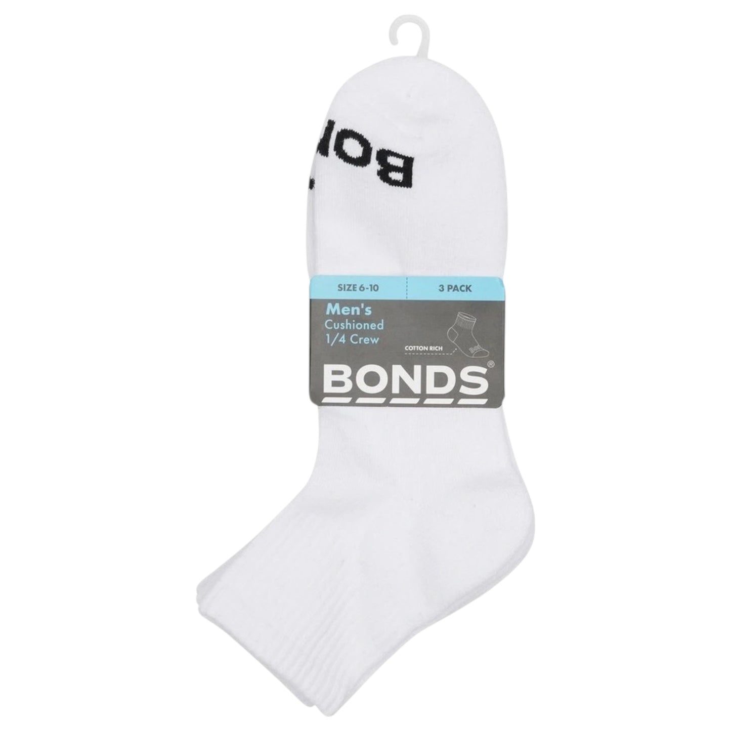 3 Pack Mens Bonds Cushioned Quarter Crew Socks White