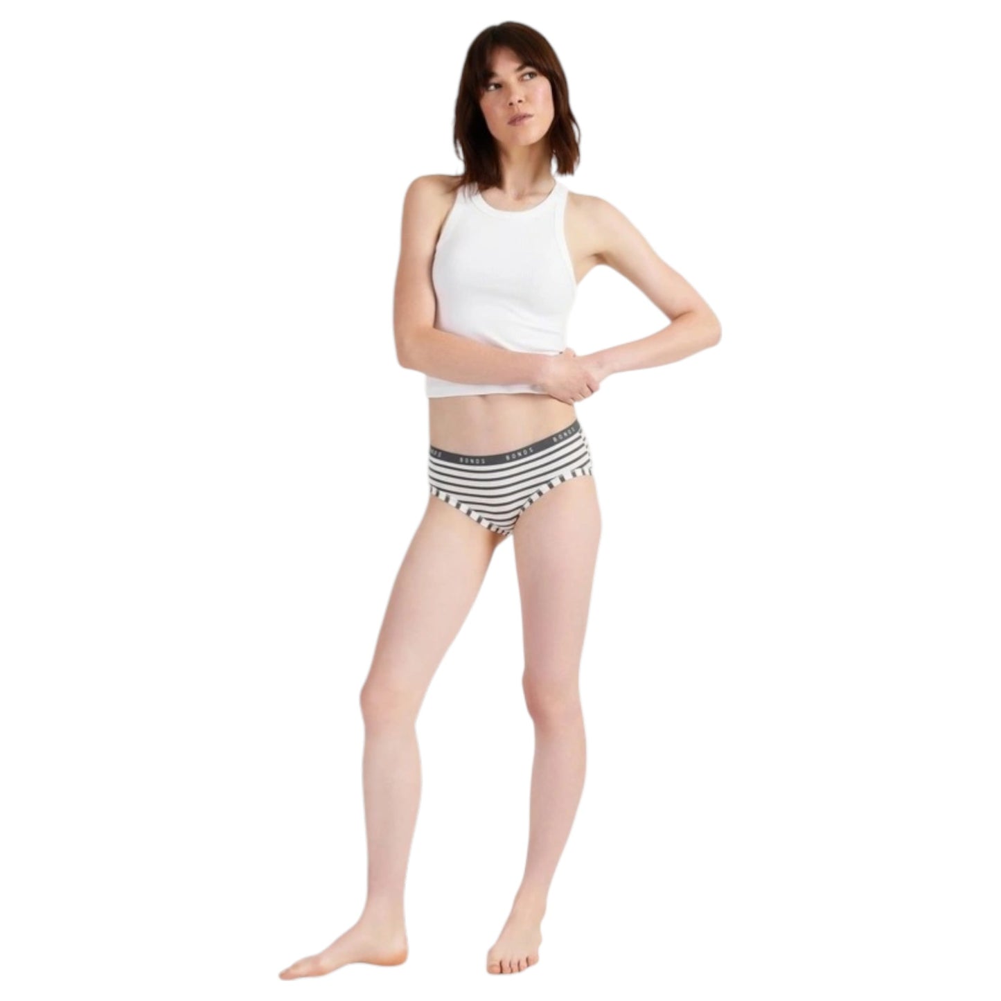 3 Pack Womens Bonds Cottontail Midi Briefs Underwear White / Charcoal Stripes