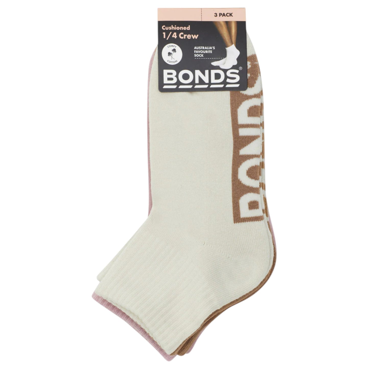 3 Pairs X Bonds Womens Logo Cushioned Quarter Crew Cream/ Brown/ Pink Socks