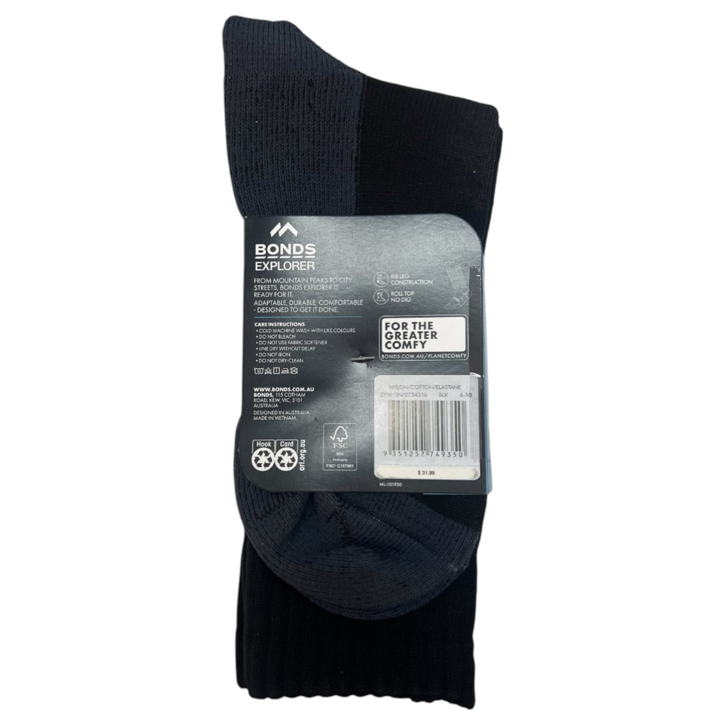 3 Pack Mens Bonds Original Wool Crew Socks Black