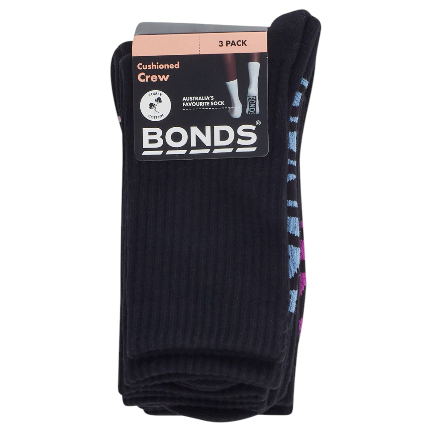 3 x Bonds Womens Logo Cushioned Crew Black Multi Socks