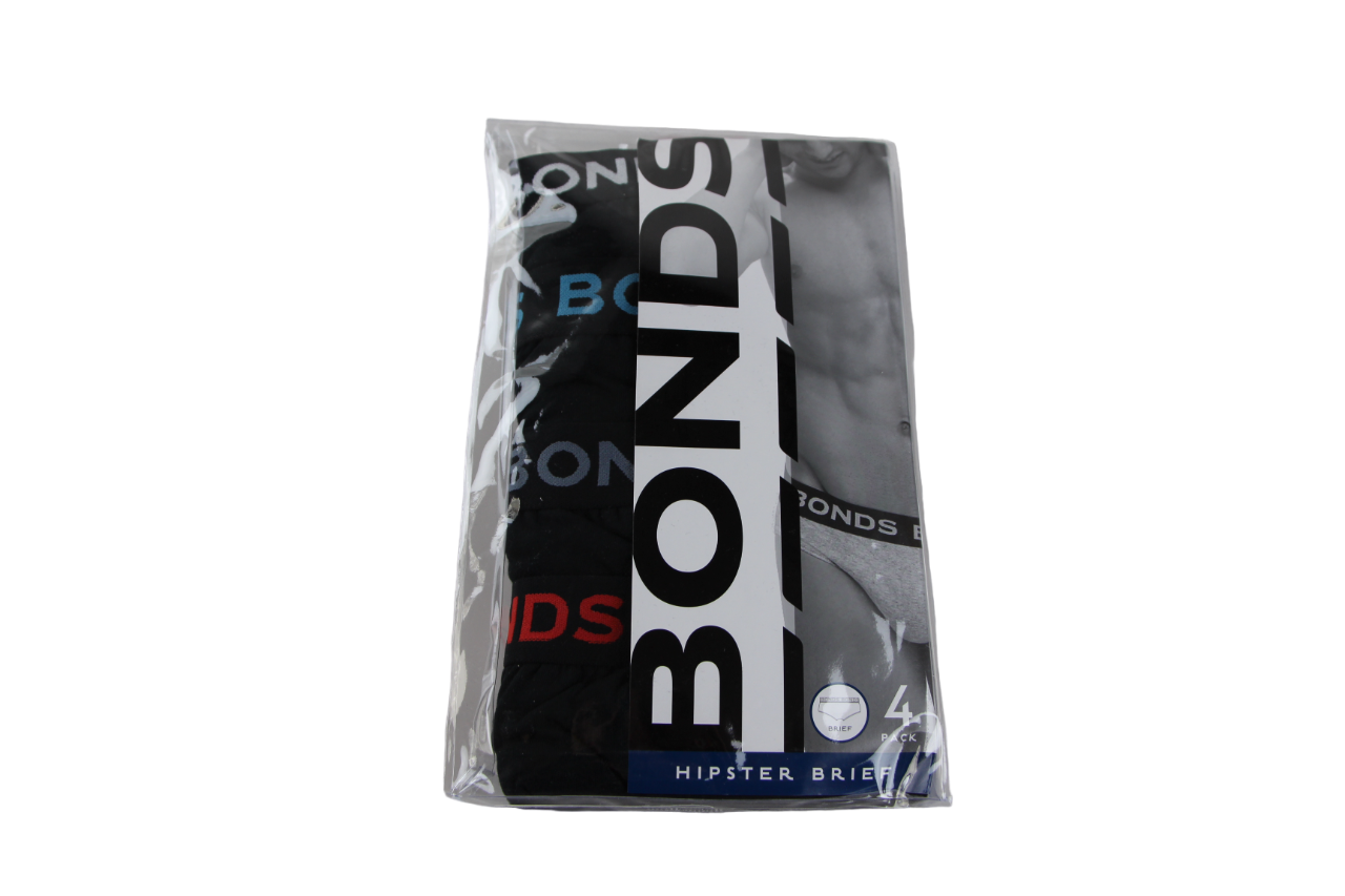 4 Pack Mens Bonds Hipster Briefs Underwear Black with Multicoloured Logo