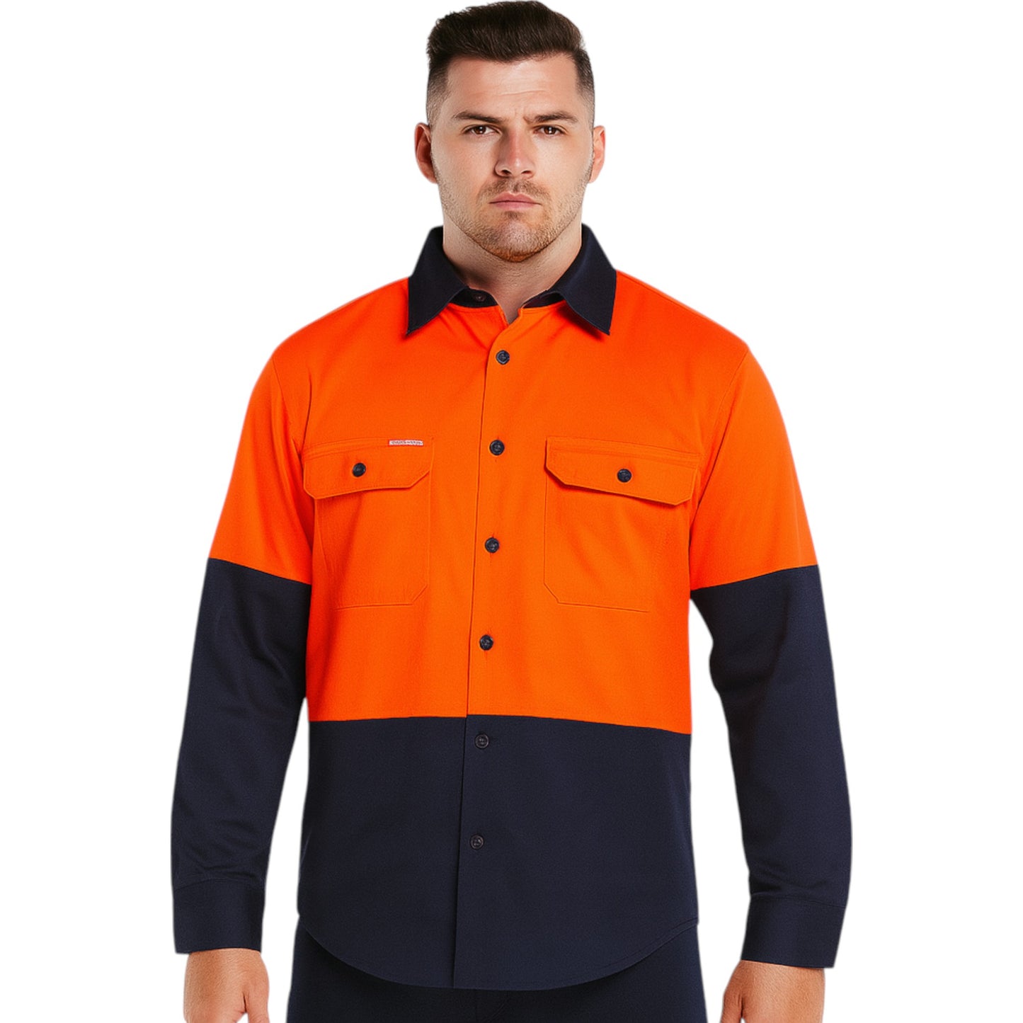 Mens Hard Yakka Basic 2 Tone Long Sleeve Shirt Orange / Navy