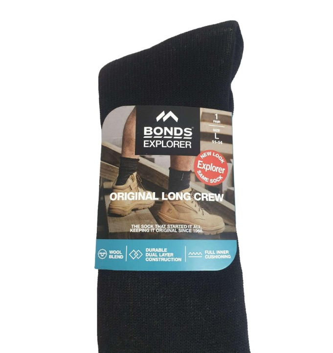Mens Bonds Original Long Explorer Wool Crew Socks Black