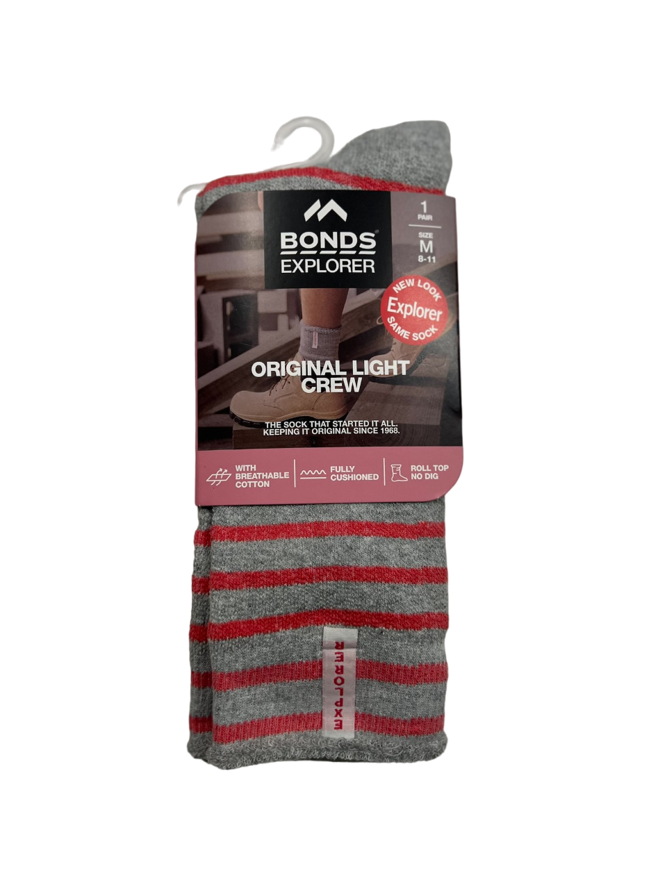 Womens Explorer Lightweight Cotton Crew Socks Light Grey / Pink Stripes