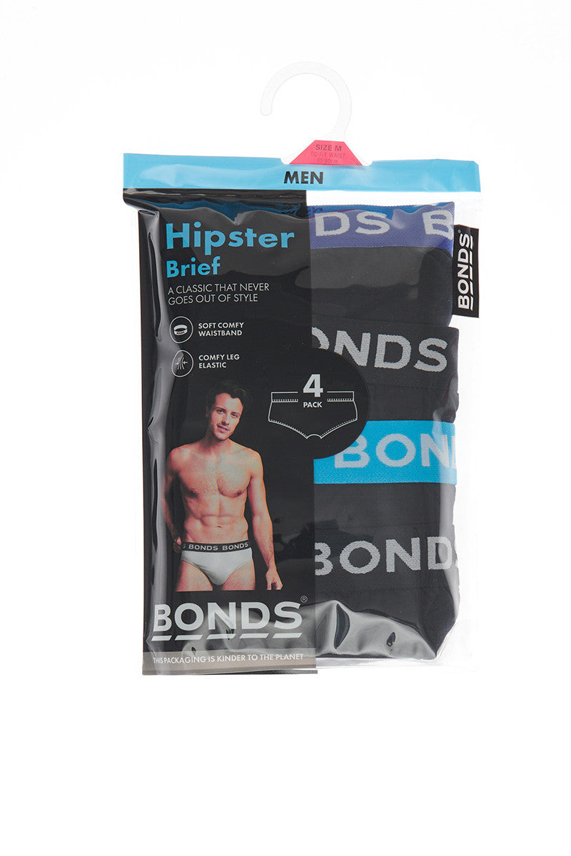 4 Pack Mens Bonds Hipster Briefs Underwear Black with Black/Light Blue/Blue Band