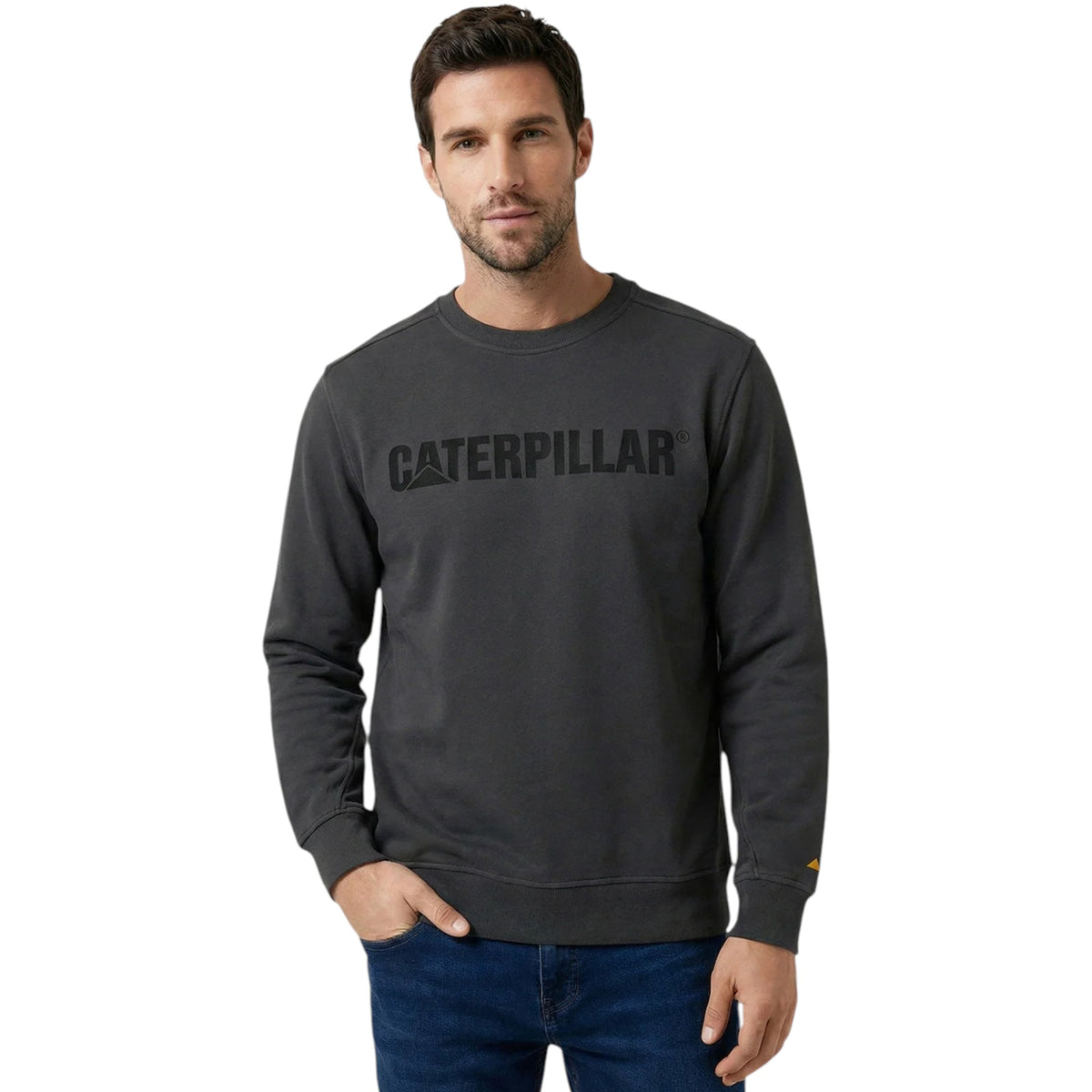 Mens Caterpillar Logo Crewneck Sweatshirt Jumper Washed Black