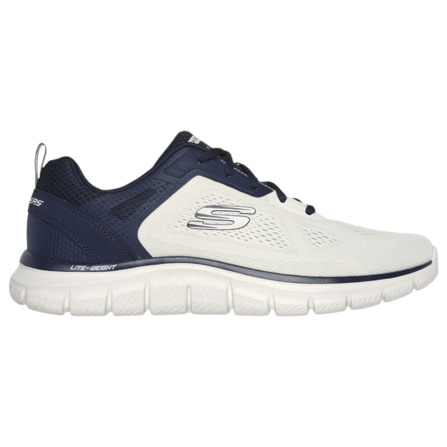 Mens Skechers Track Broader Shoes Off White/Navy