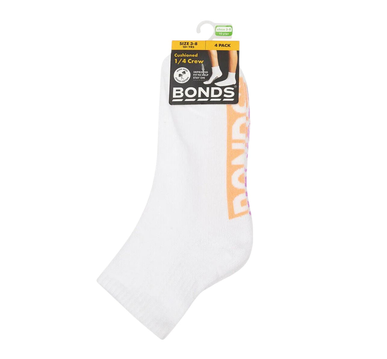 4 Pack Kids Boys Bonds Logo Light Cushioned Quarter Crew Socks White