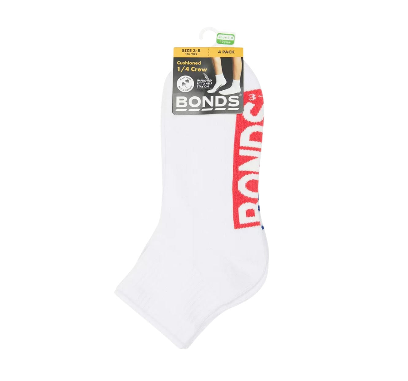 4 Pack Kids Boys Bonds Logo Light Cushioned Quarter Crew Socks White