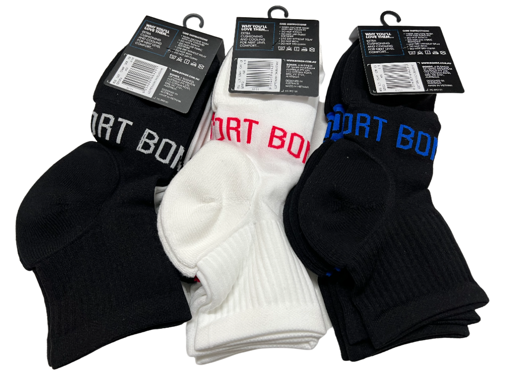 12 Pack Mens Bonds Ultimate Comfort Quarter Crew Socks Red / White / Blue / Black