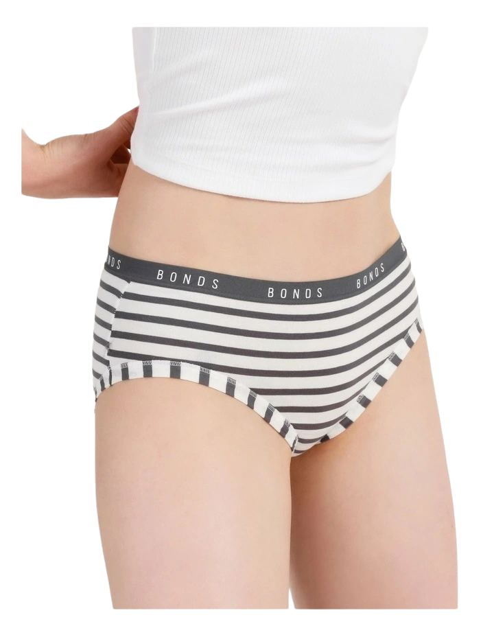 6 Pack Womens Bonds Cottontails Midi Cottontail Midi White / Charcoal Stripes