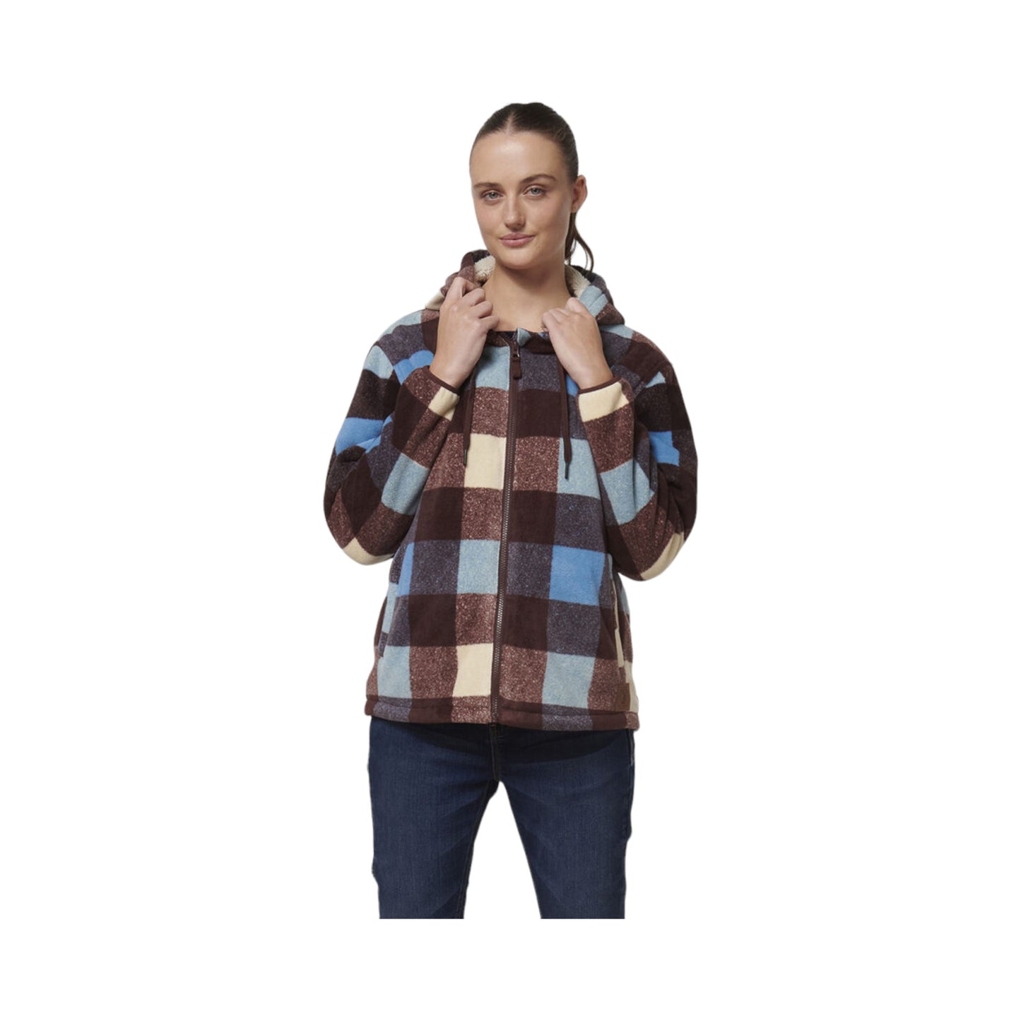 Womens Hard Yakka Check Zoodie Fleece Hooded Hoodie Mocha