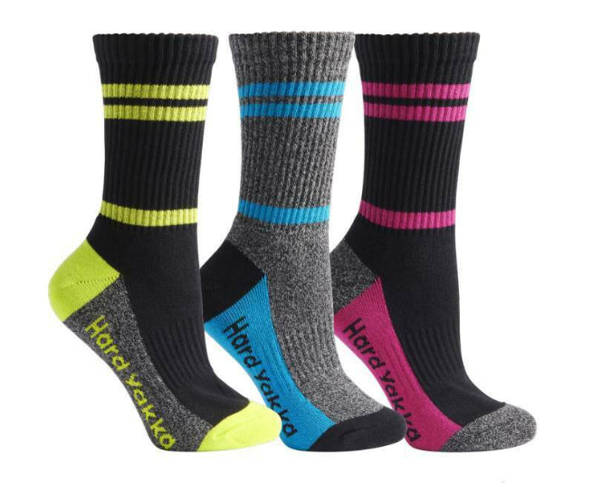 3 Pack Womens Hard Yakka Cotton Work Crew Socks Multi
