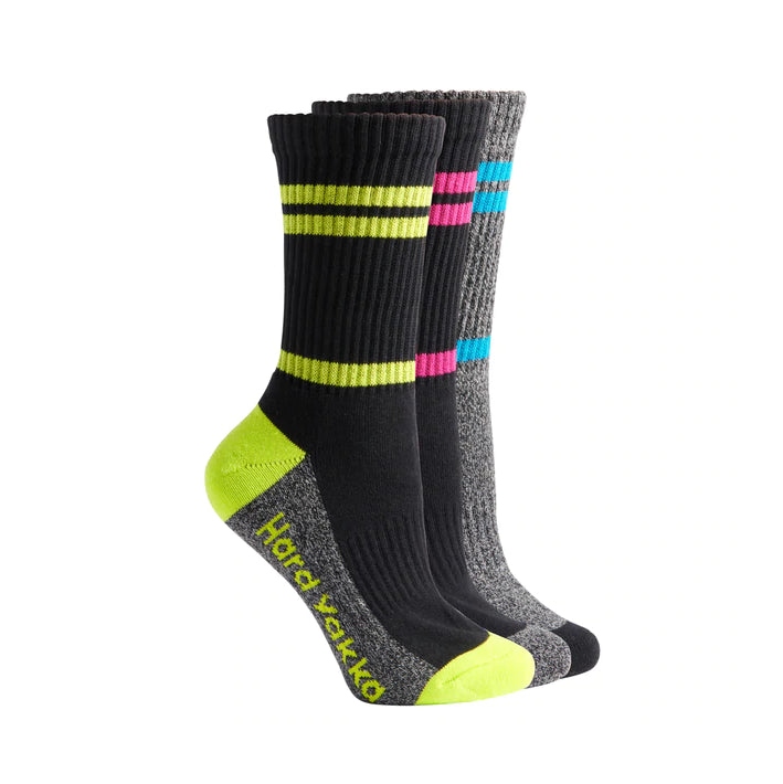 3 Pack Womens Hard Yakka Cotton Work Crew Socks Multi