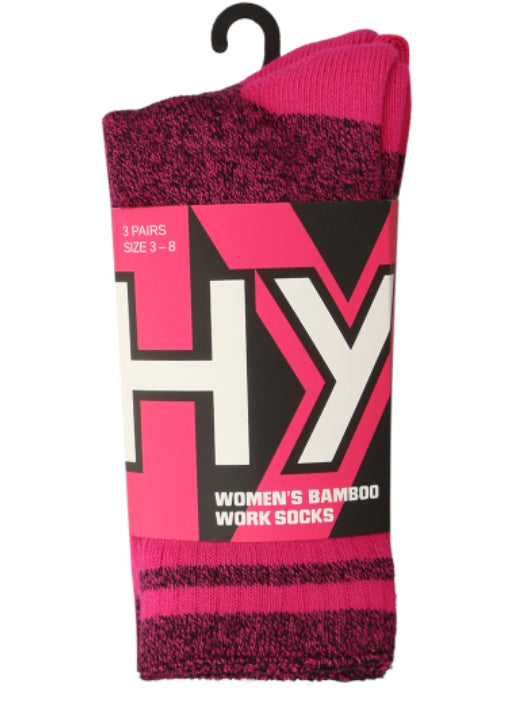 3 Pack Womens Hard Yakka Bamboo Work Crew Socks Pink Marle