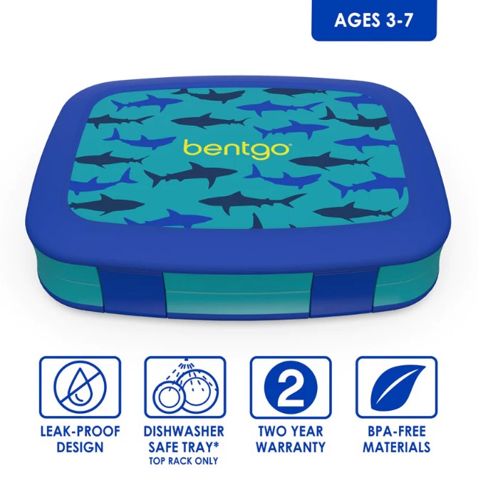 2 x Bentgo Kids Prints Lunch Box Container Storage Shark (Blue/Teal)