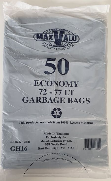 50 Pcs X 72-77L Black Garbage Bin Liners Economy Bags