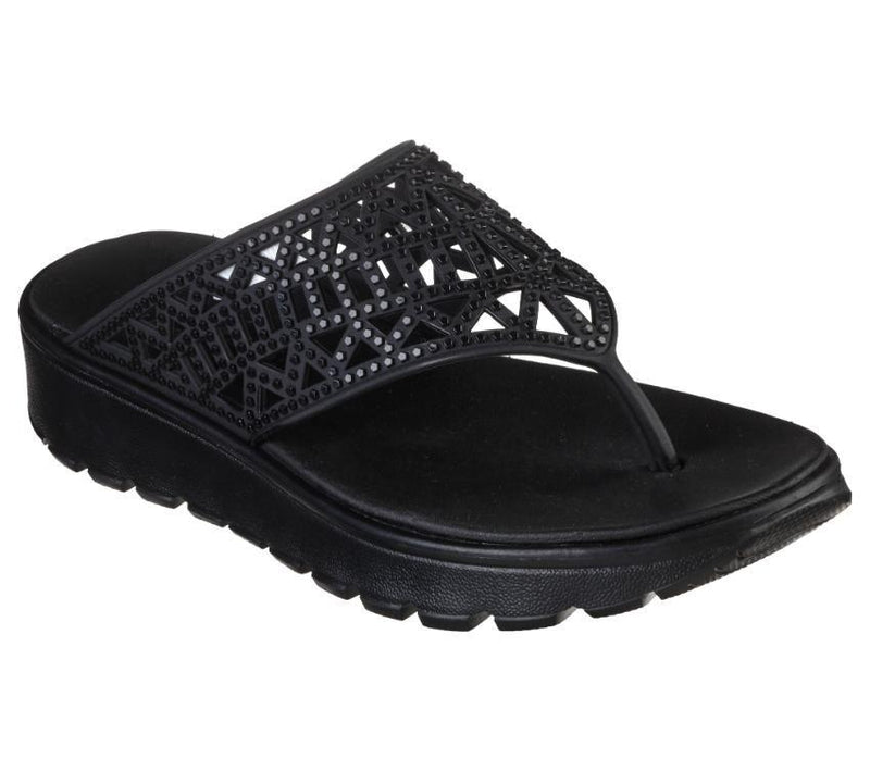 Womens Skechers Footsteps Black/Black Foamies Sandals