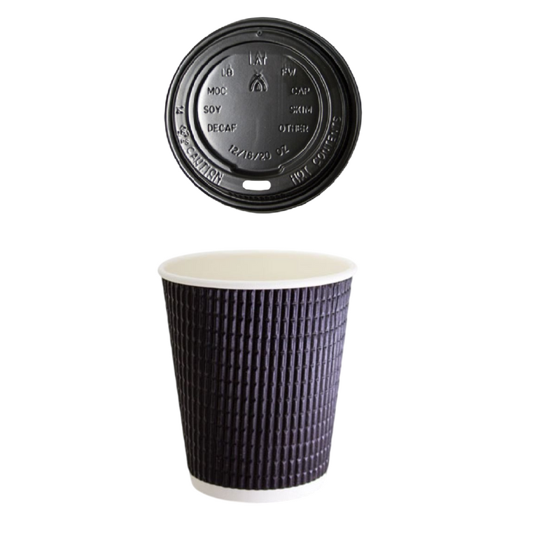 150 X 12Oz Charcoal Triple Wall Corrugated Hot Coffee Cups 335Ml