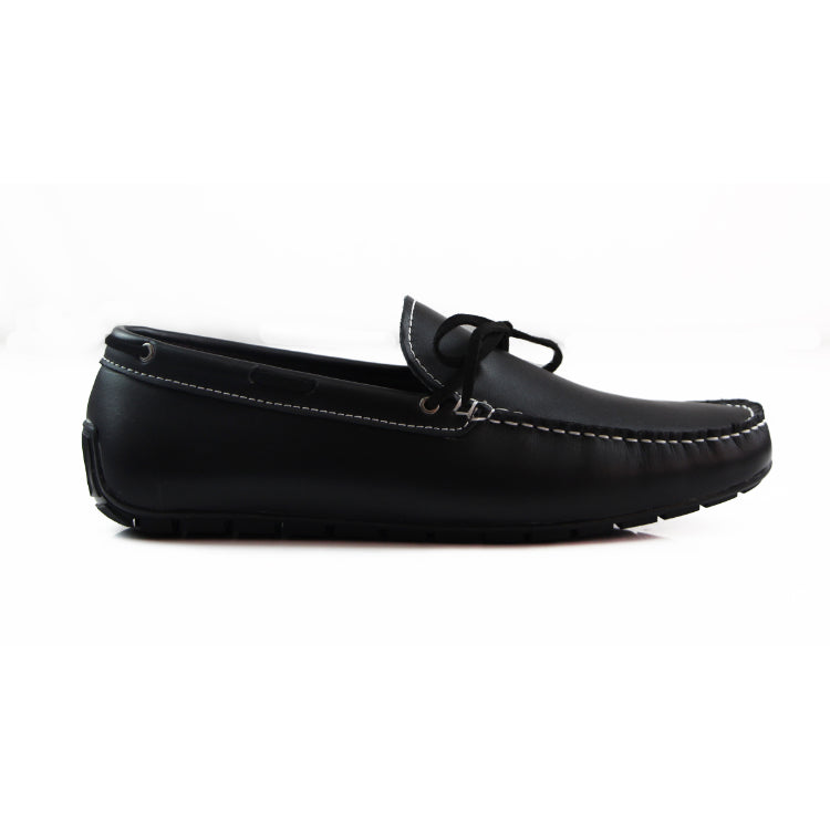 Zasel Anchor Boat Shoes Black Leather Mens Casual Slip On Deck Grip Loafers