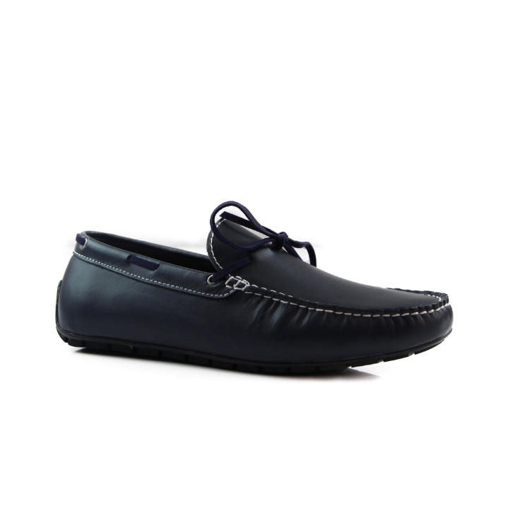 Zasel Anchor Boat Shoes Dark Blue Leather Mens Casual Slip On Deck Grip Loafers