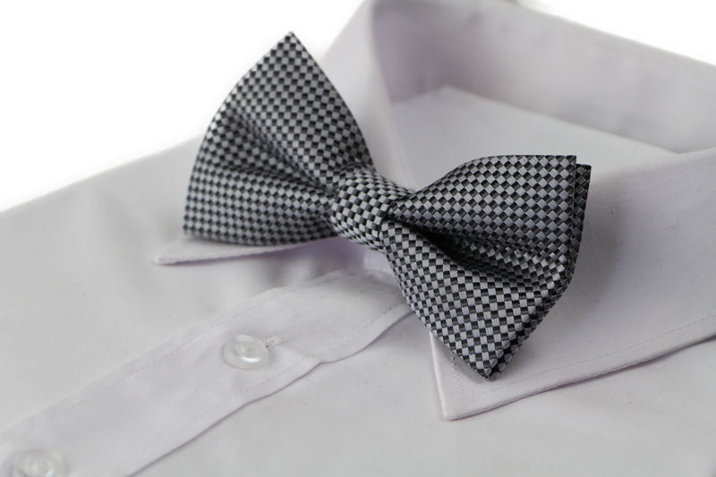 Mens Quality Dark Silver Checkered Patterned Bow Tie