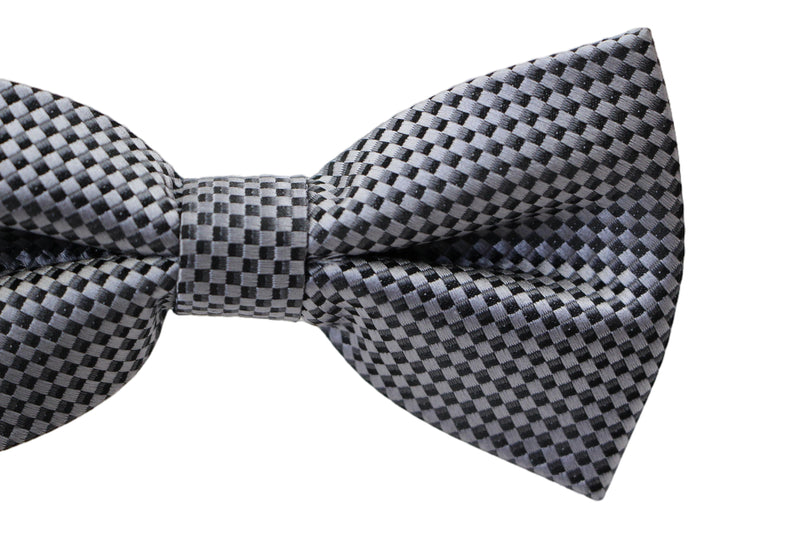 Mens Quality Dark Silver Checkered Patterned Bow Tie