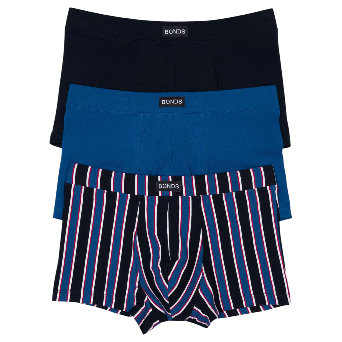 3 Pack Mens Bonds Classic Encased Trunks Black/Blue