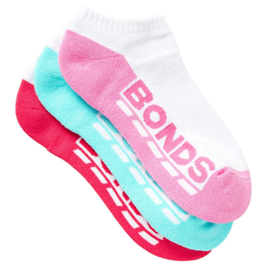 3 Pack Kids Girls Bonds Cushioned Low Cut Socks White/Pink/Aqua/Red