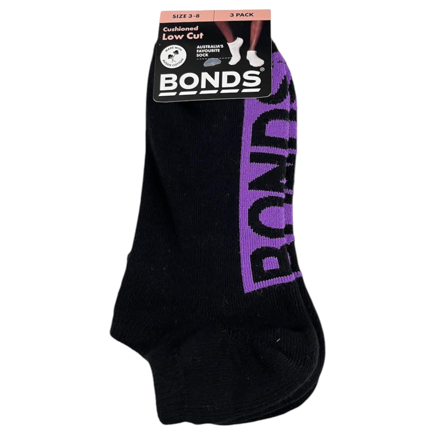 3 Pack Womens Bonds Logo Cushioned Low Cut Socks Black