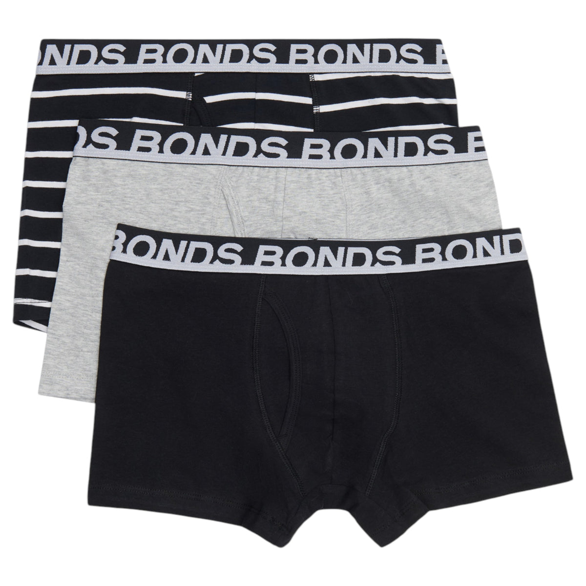 3 Pack Mens Bonds Everyday Trunks Underwear Black Stripe/Grey/Black