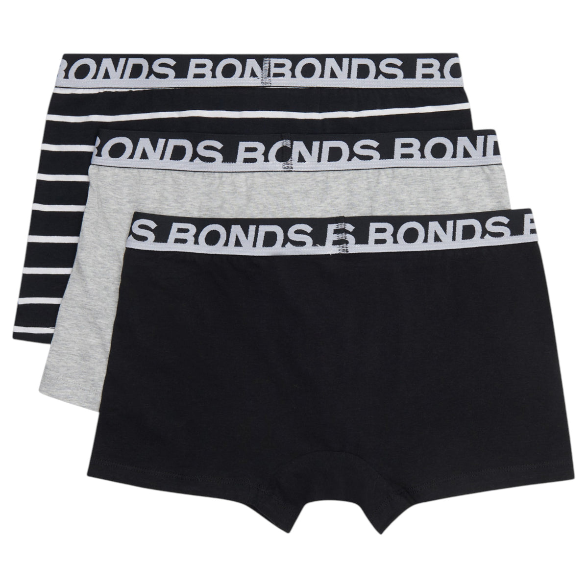 3 Pack Mens Bonds Everyday Trunks Underwear Black Stripe/Grey/Black