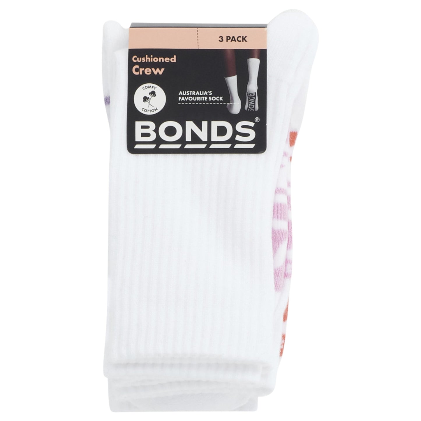 3 x Bonds Womens Logo Cushioned Crew White Multi Socks