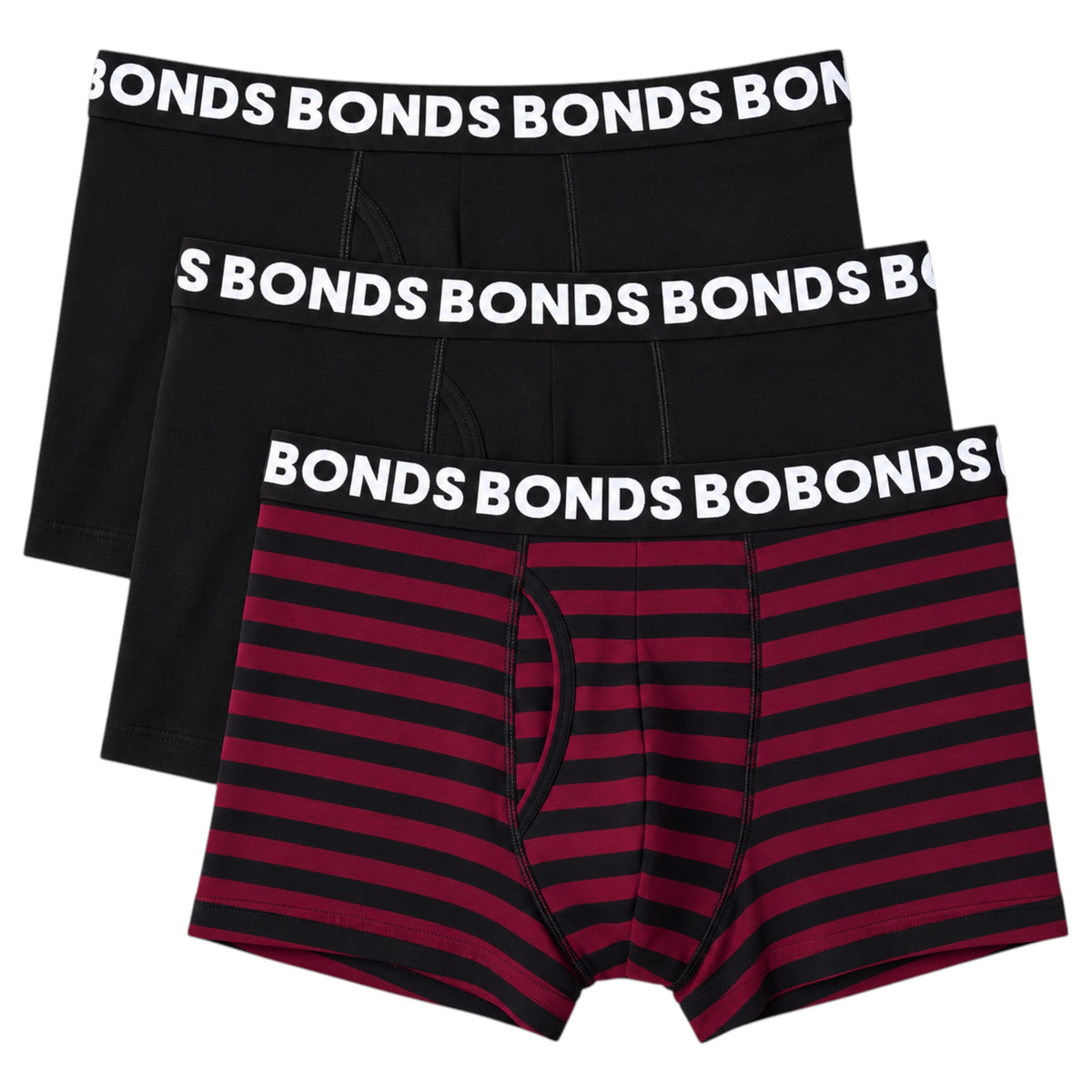 3 Pack Mens Bonds Classic Trunks Trunks Underwear Black/Burgundy
