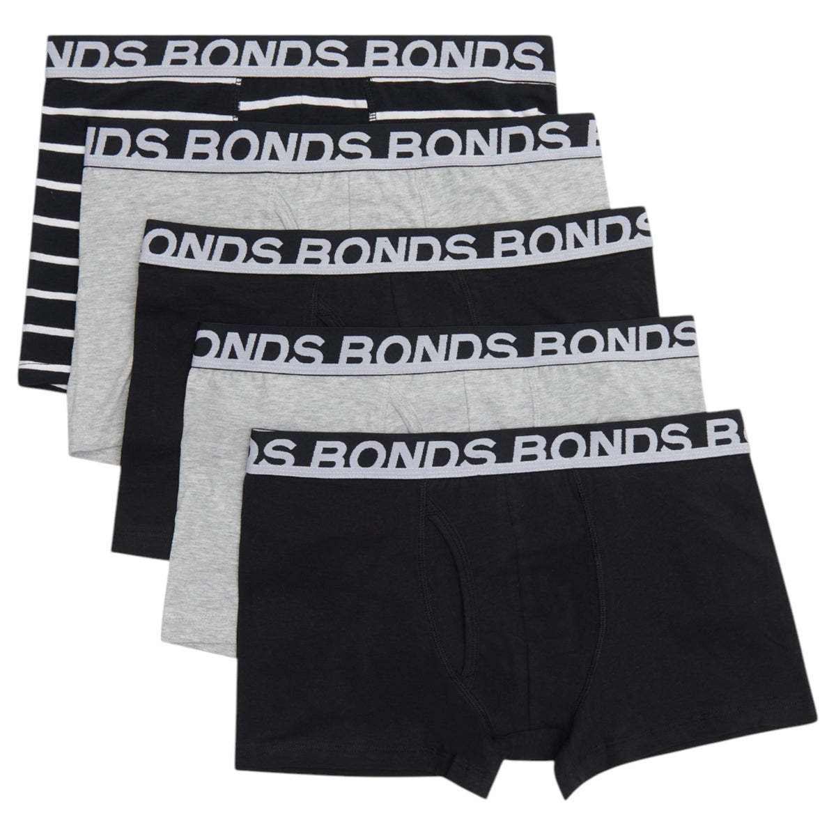 5 Pack Mens Bonds Everyday Trunks Underwear Black Stripe/Grey/Black