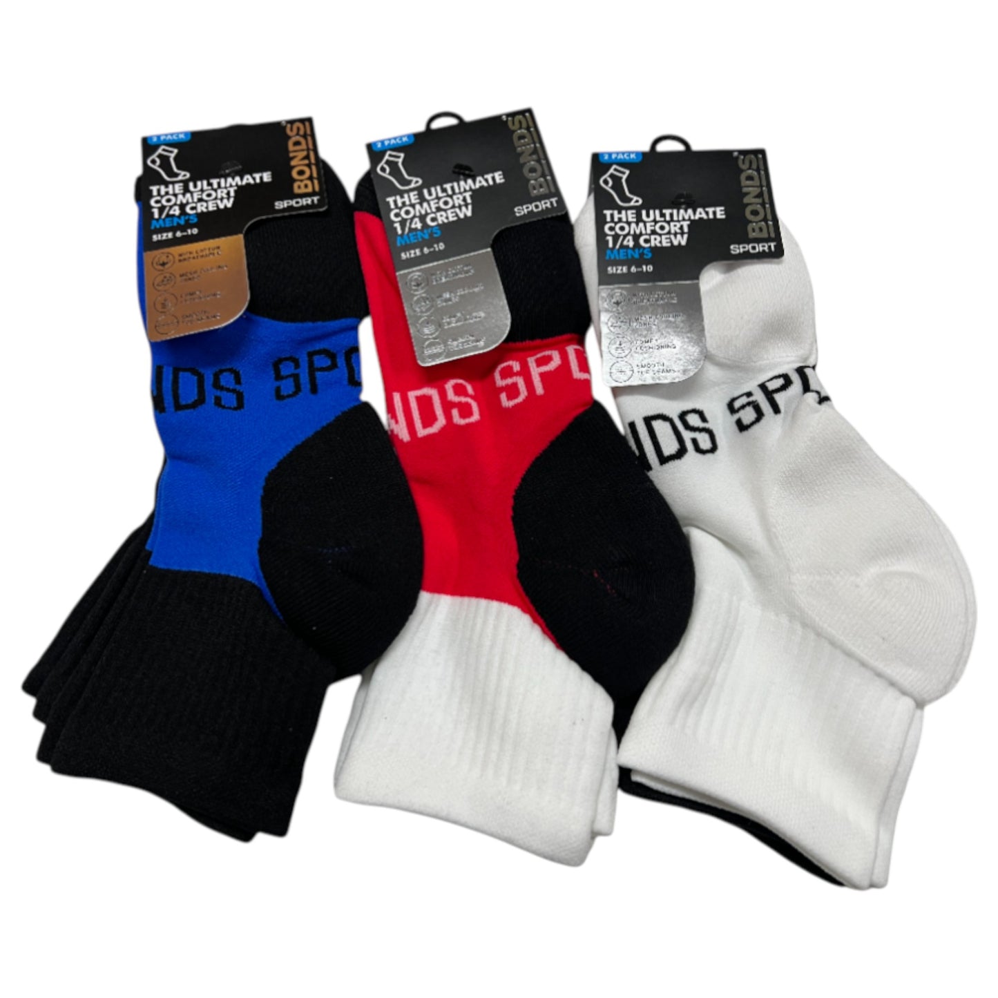 6 Pack Mens Bonds Ultimate Comfort Quarter Crew Socks Red / White / Blue / Black