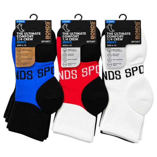 12 Pack Mens Bonds Ultimate Comfort Quarter Crew Socks Red / White / Blue / Black