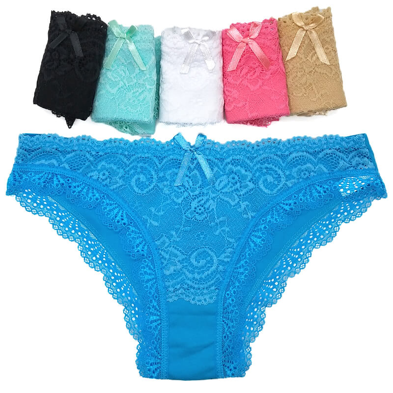 6 x Womens Solid Transparent Lace Briefs Bikini Undies Sexy Underwear With Bow