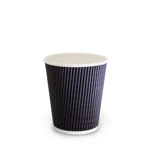 50 X 8Oz Charcoal Triple Wall Corrugated Hot Coffee Cups With Black Lids