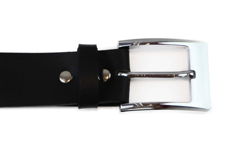 Mens Black Leather Belt With Curved Silver Edges