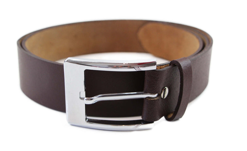 Mens Brown Leather Belt With Curved Silver Edges