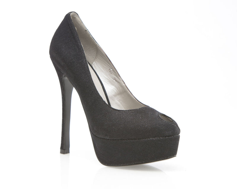 Zasel Paris Womens Ladies Sparkly Black High Heel Platform Peep Toe Heels Shoes