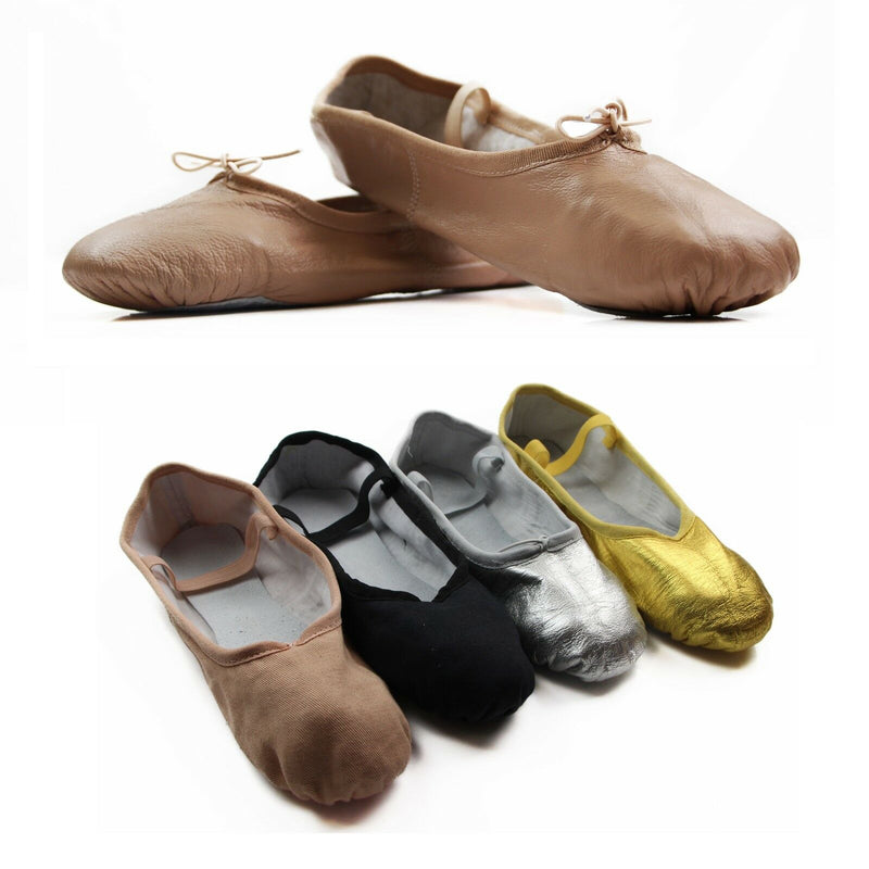 Girls Womens Dance Ballet Leather Shoes Kids Slippers Flats - Silver / Gold