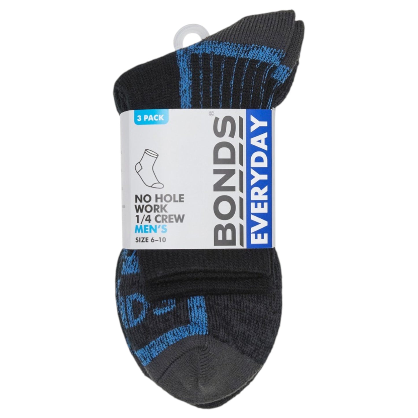 3 Pack Mens Bonds No Hole Work Quarter Crew Socks Black/Blue