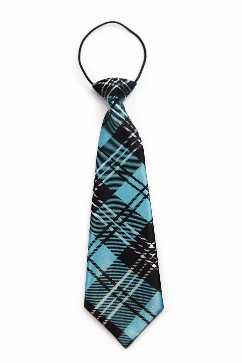 Kids Boys Turquoise & Black Patterned Elastic Neck Tie - Criss Cross Turquoise