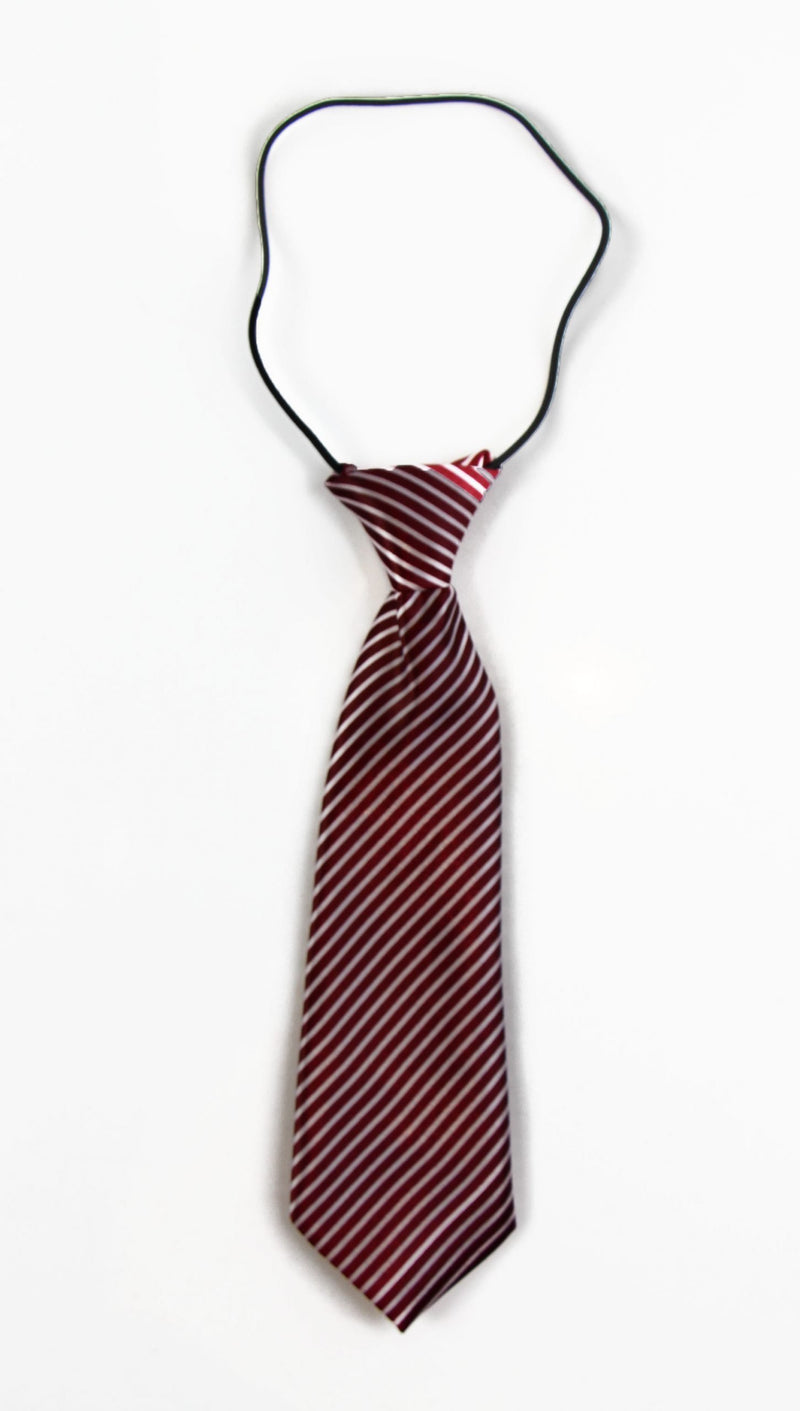 Kids Boys Dark Red & White Patterned Elastic Neck Tie Diagonal Stripe