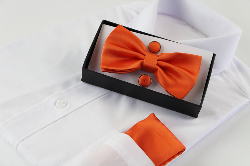 Mens Orange Matching Bow Tie, Pocket Square & Cuff Links Set